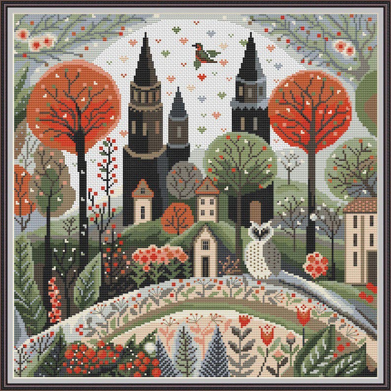 Green Village Cross Stitch Pattern