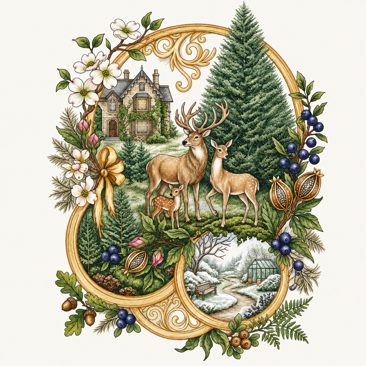 Green Winter Deer Cross Stitch Pattern