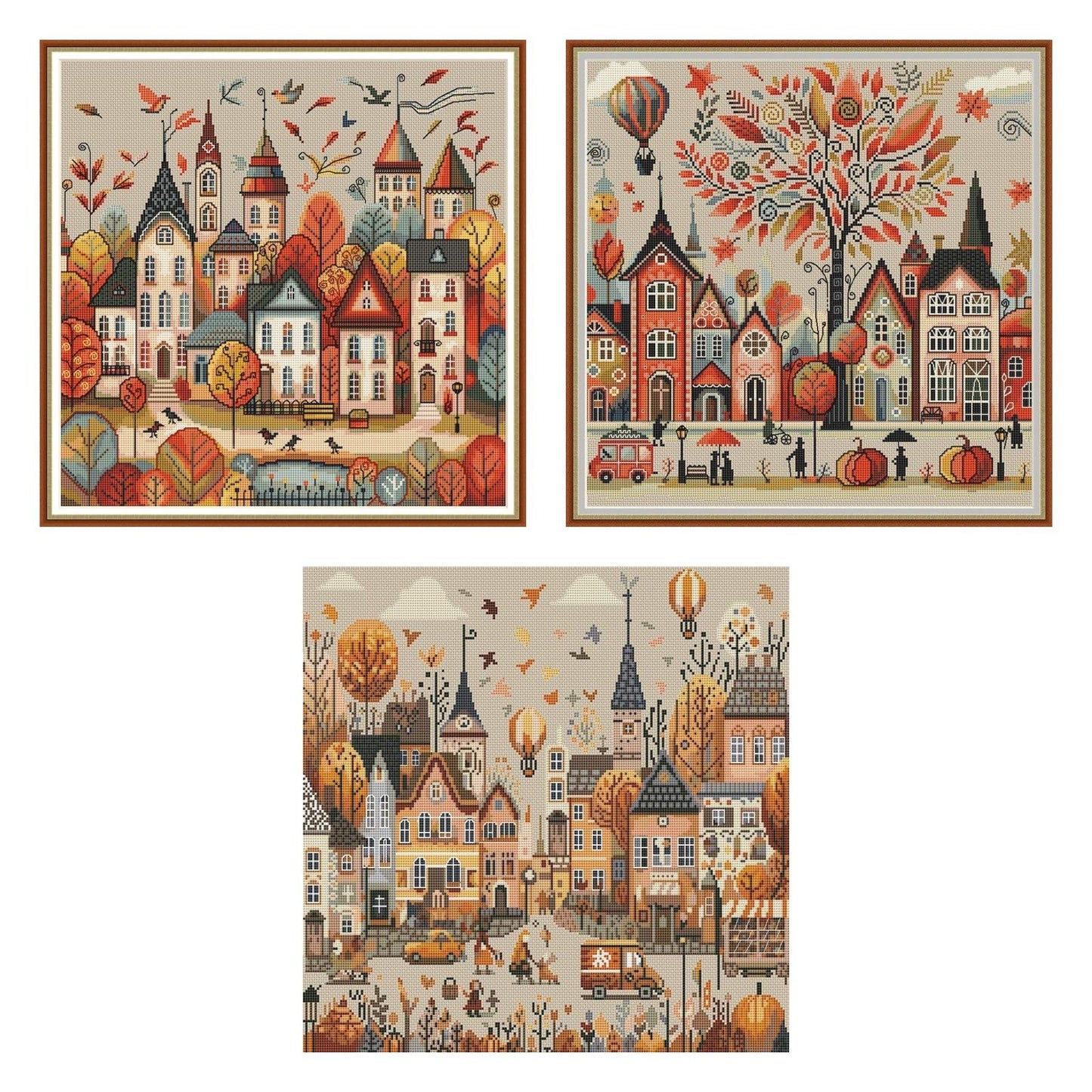 Set of 3 Autumn Village Cross Stitch Patterns