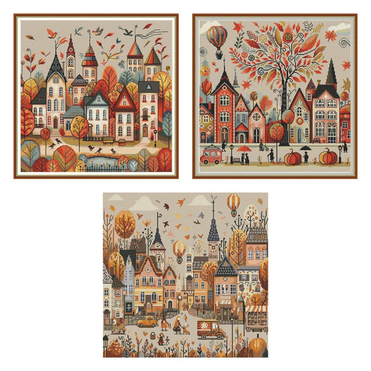 Set of 3 Autumn Village Cross Stitch Patterns